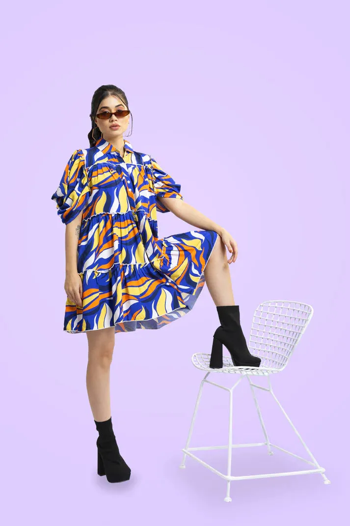 Multicolor Printed Cotton Balloon Shirt Dress