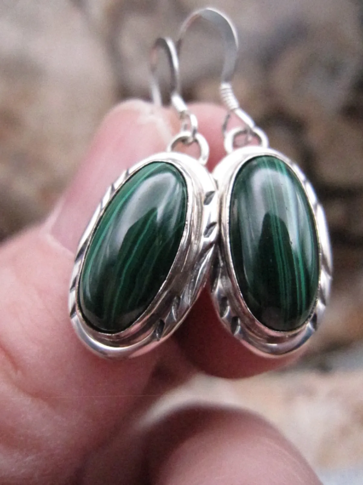 Native American Made Malachite and Sterling Silver Earrings