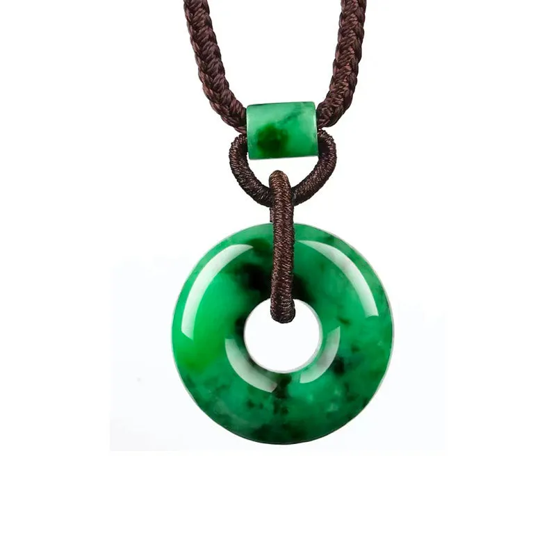 Natural Emerald Green Ice Jadeite Jade Chinese「Ping An Kou」Pendant Necklace for Women and Men