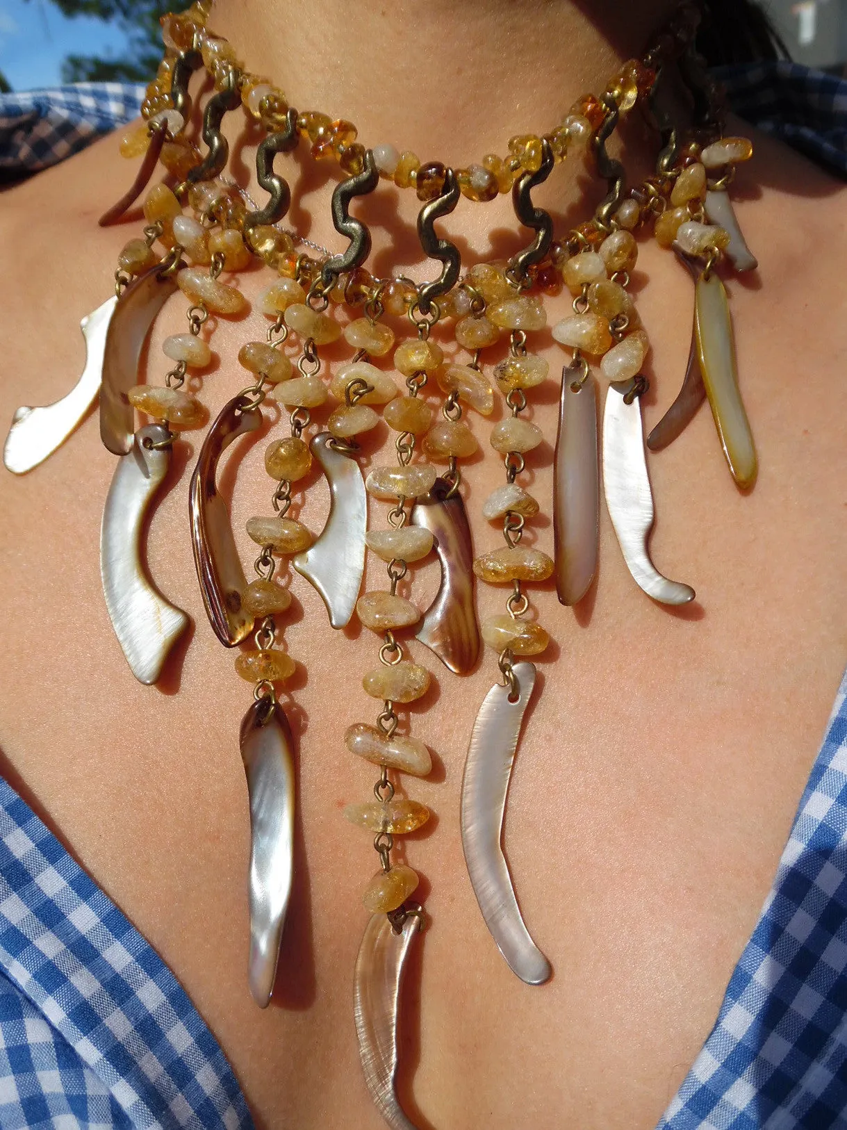 Necklace With Bib Citrine Amber Quartz Shell