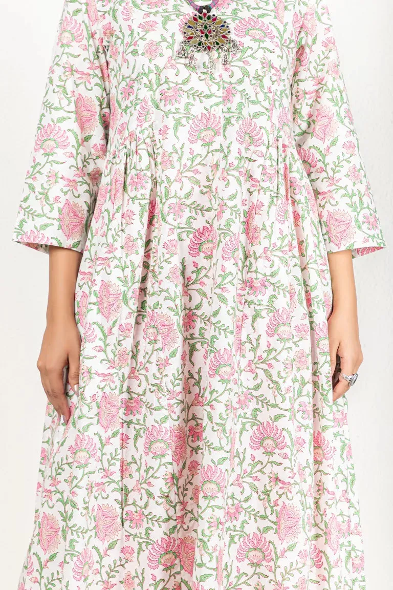 Off-White & Pink Hand Block Printed Kurta