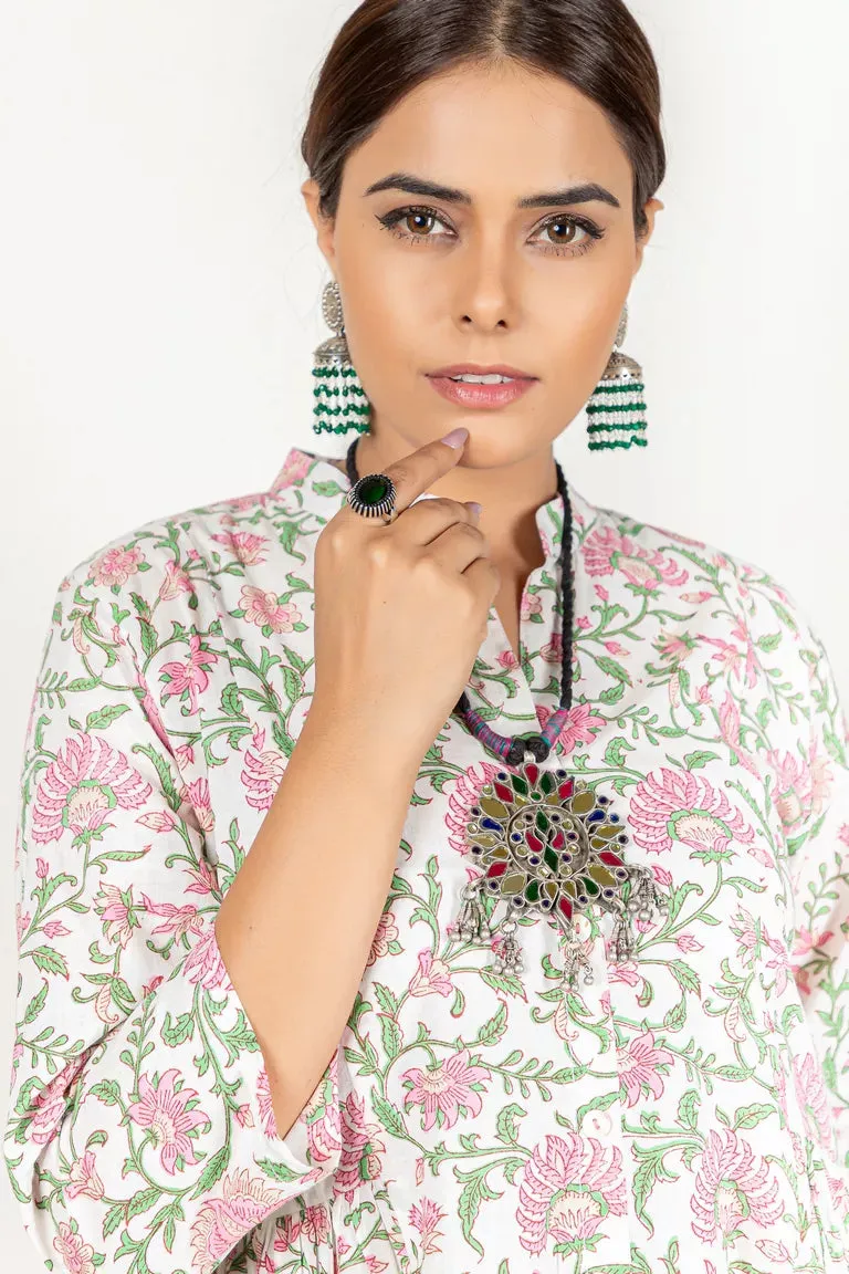 Off-White & Pink Hand Block Printed Kurta