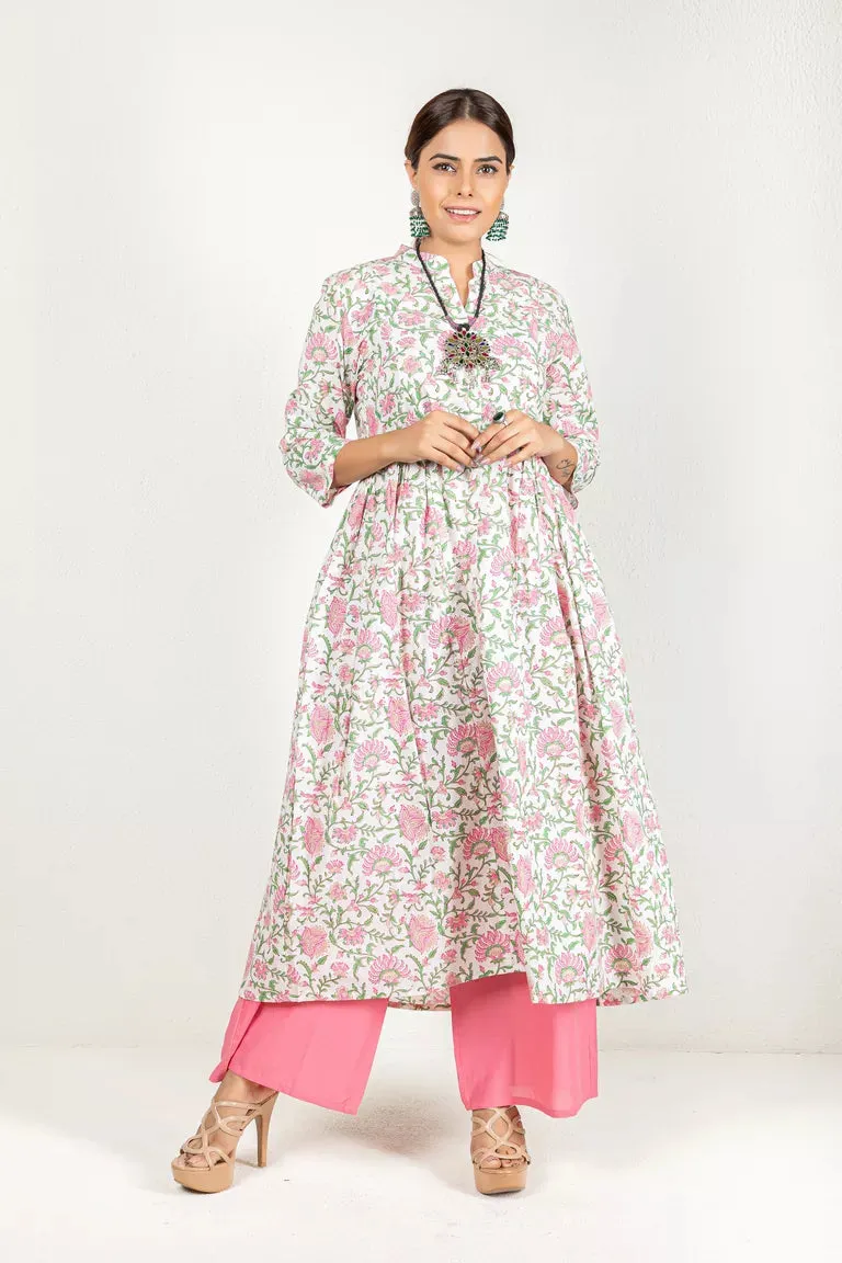 Off-White & Pink Hand Block Printed Kurta