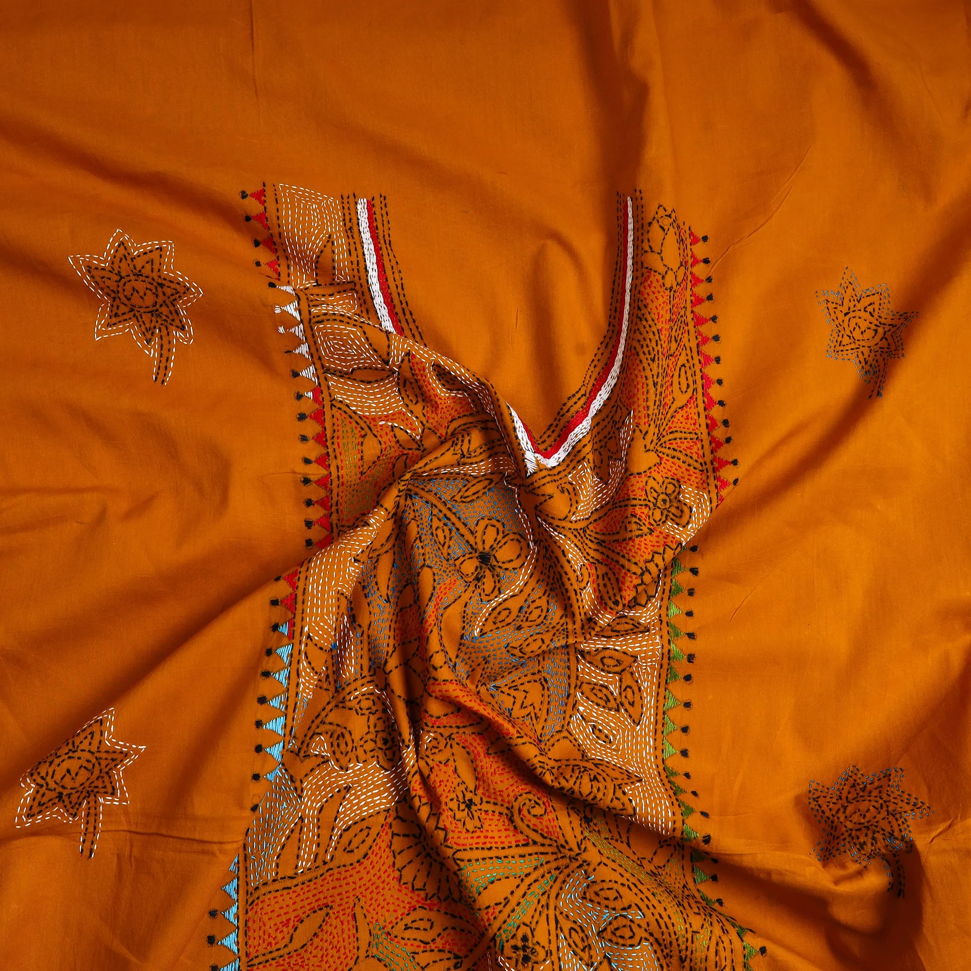 Orange - Bengal Kantha Embroidery Cotton Kurta Material - (2.8m) 14