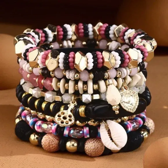 Pink 8-Strand Stretch Layered Bracelet Set w/ Cowrie Shell Charm