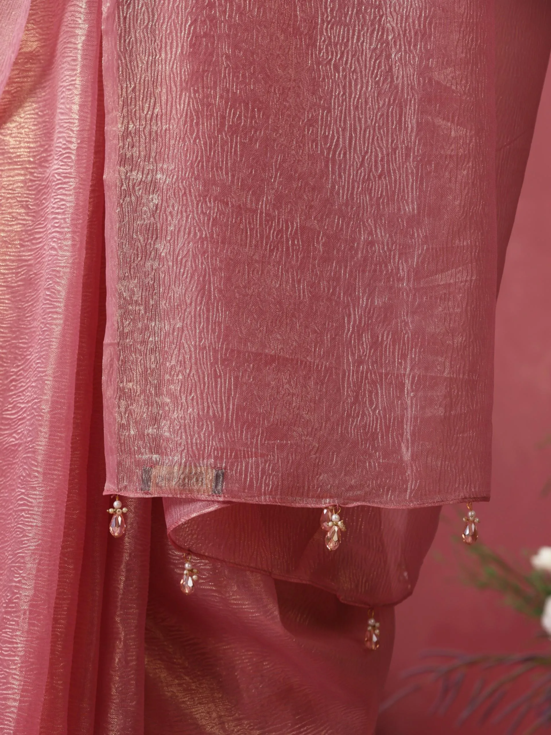 Pink Goldy Crushed Organza Saree with Pendants