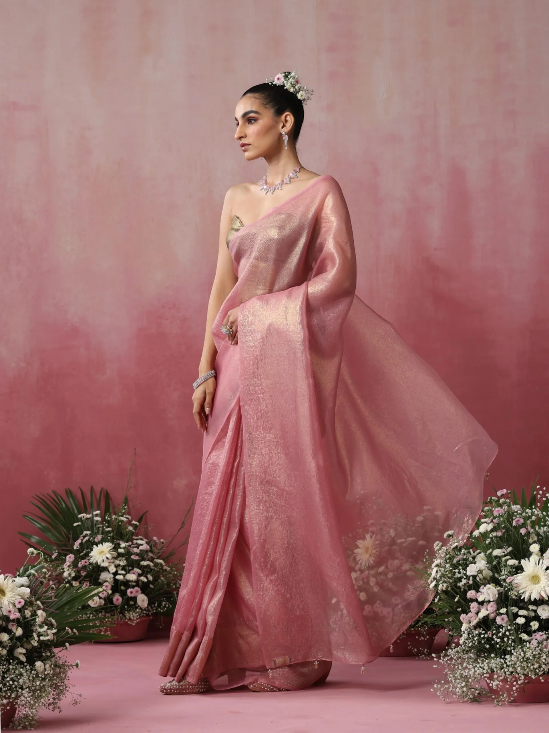 Pink Goldy Crushed Organza Saree with Pendants