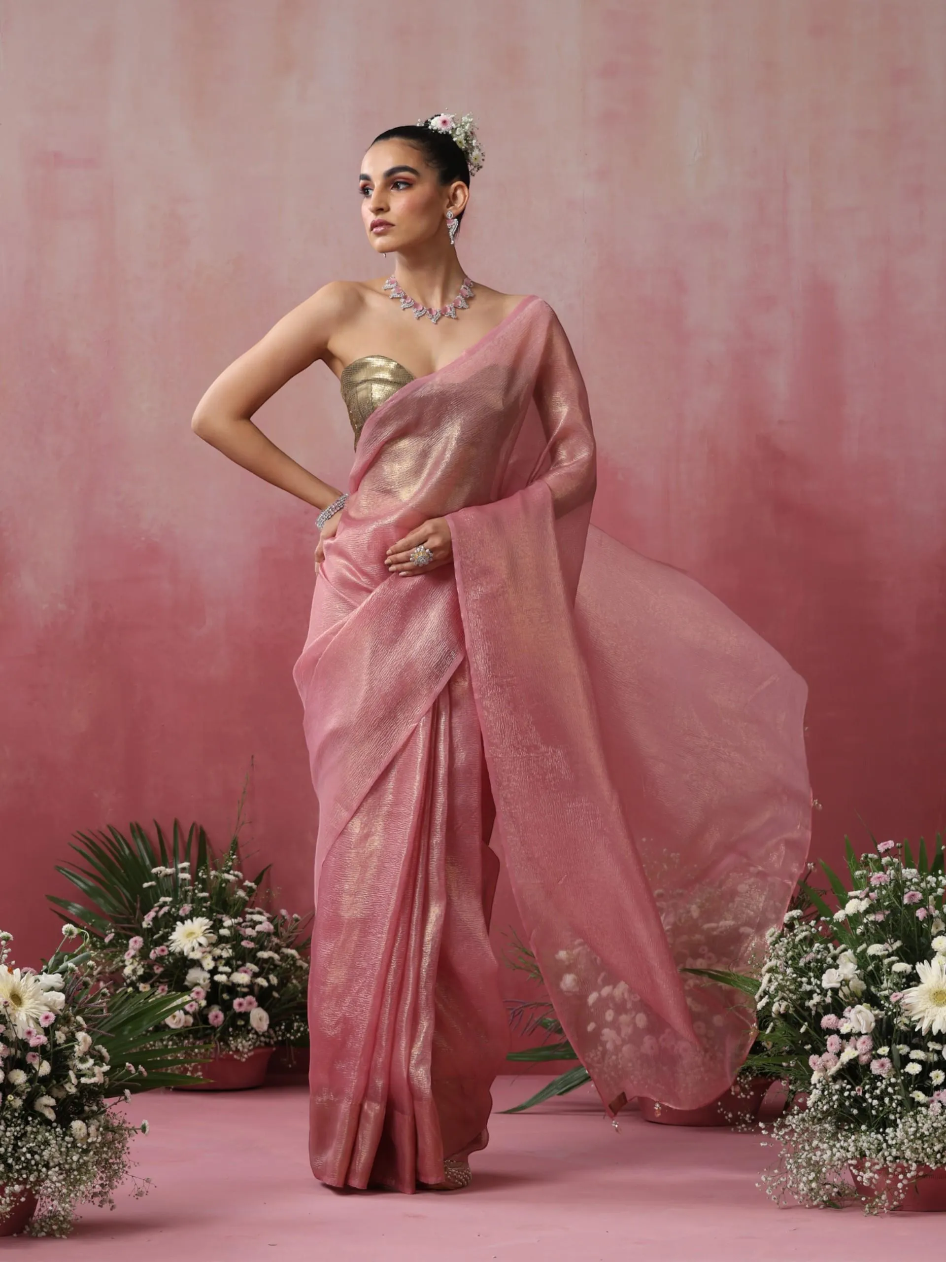 Pink Goldy Crushed Organza Saree with Pendants