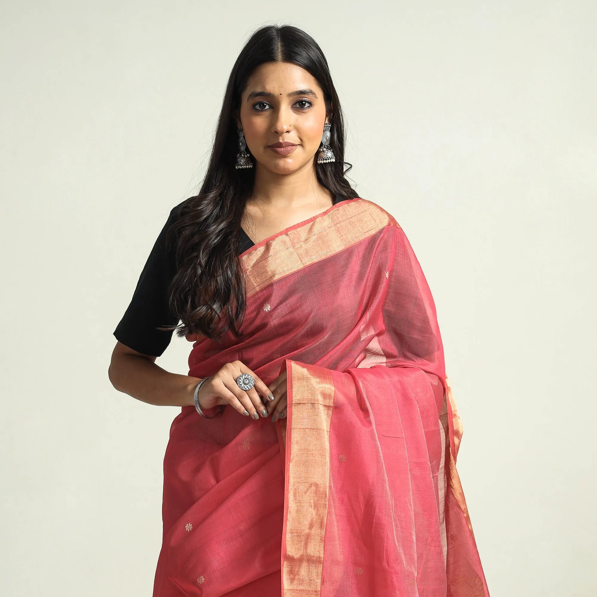 Pink - Traditional Chanderi Silk Handloom Saree with Zari Border & Buta