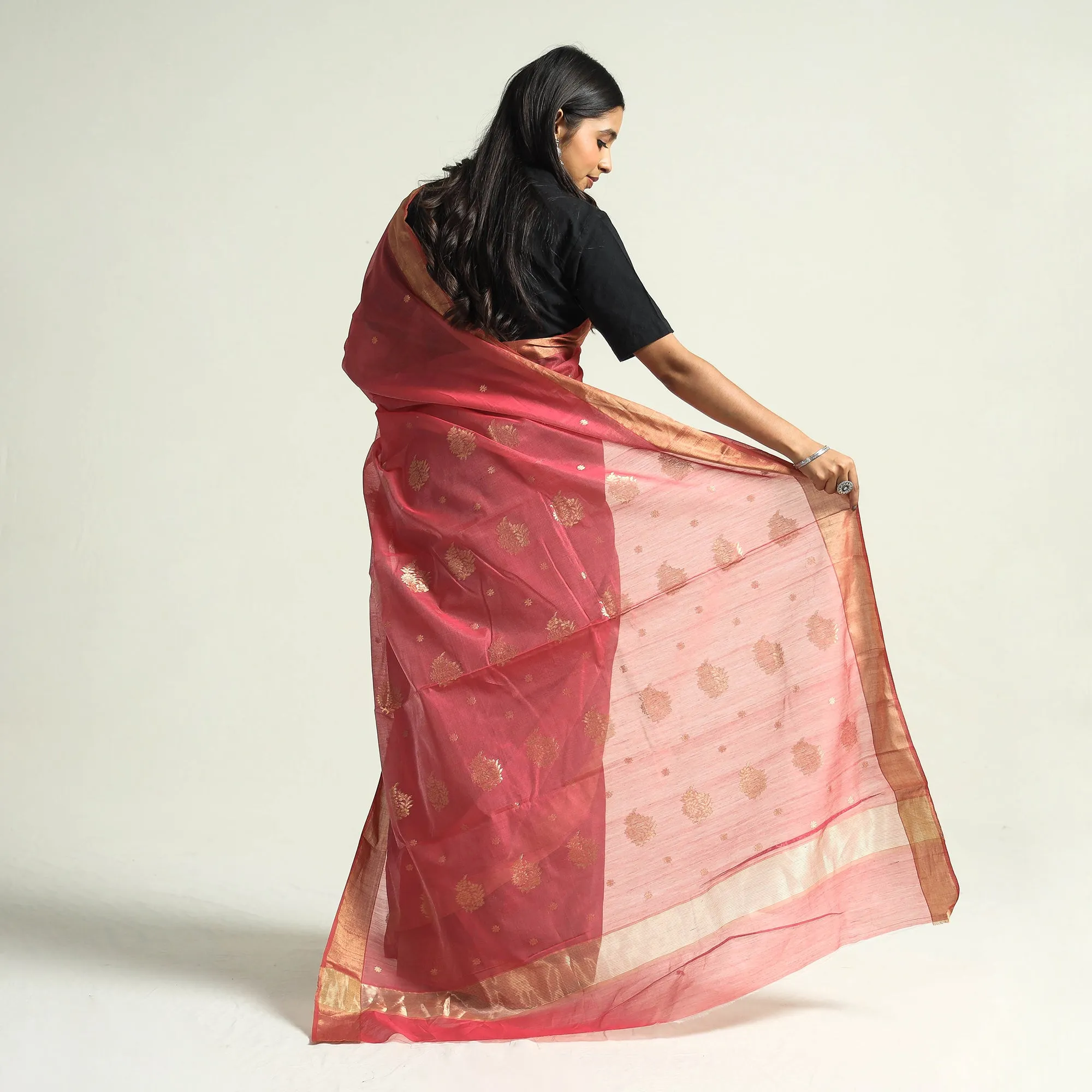 Pink - Traditional Chanderi Silk Handloom Saree with Zari Border & Buta