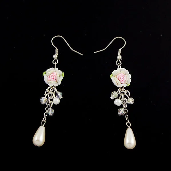 Polymer Rose and Teardrop Pearl Earrings