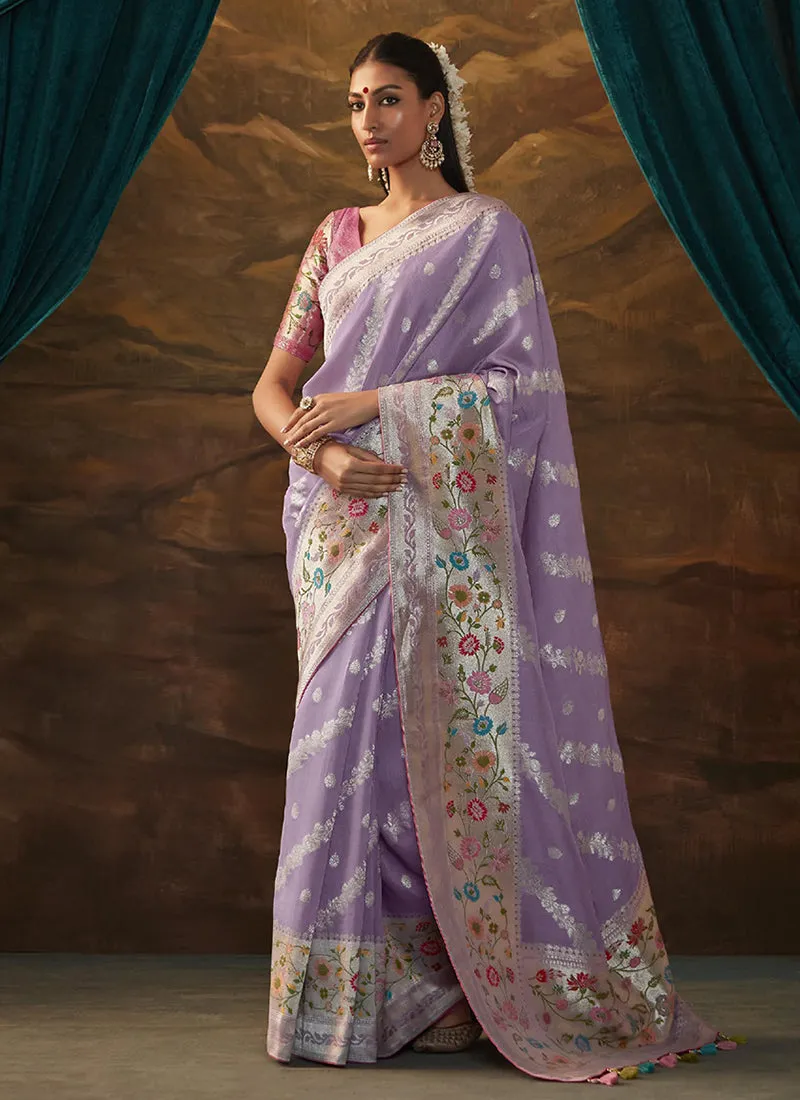 Purple And Pink Floral Paithani Banarasi Dola Silk Saree