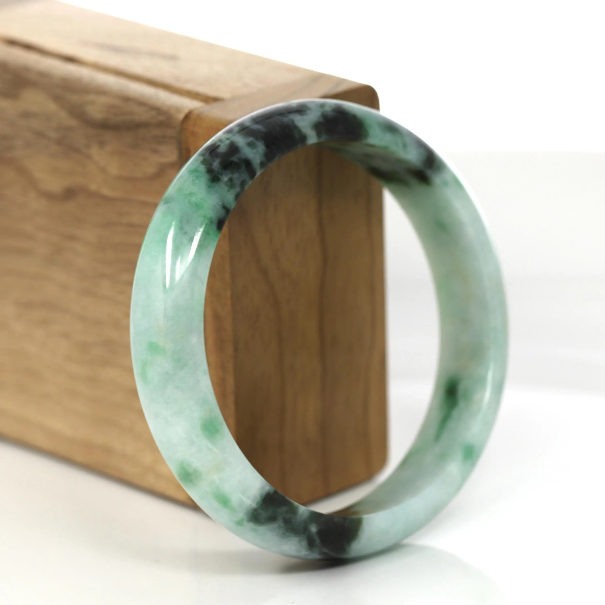 "Princess Half Round" Forest Green Jadeite Jade Bangle Bracelet (57.90 mm) #675