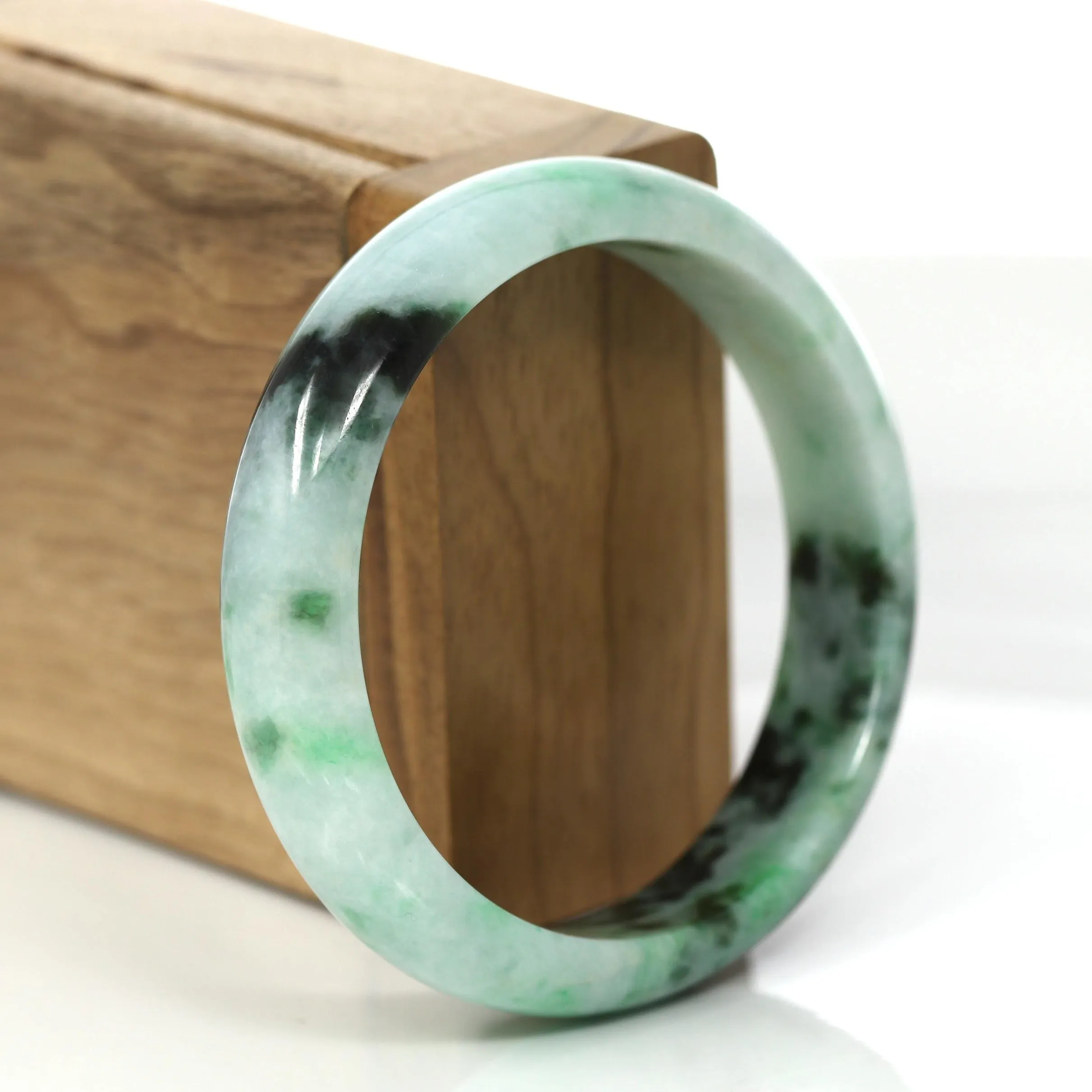 "Princess Half Round" Forest Green Jadeite Jade Bangle Bracelet (57.90 mm) #675