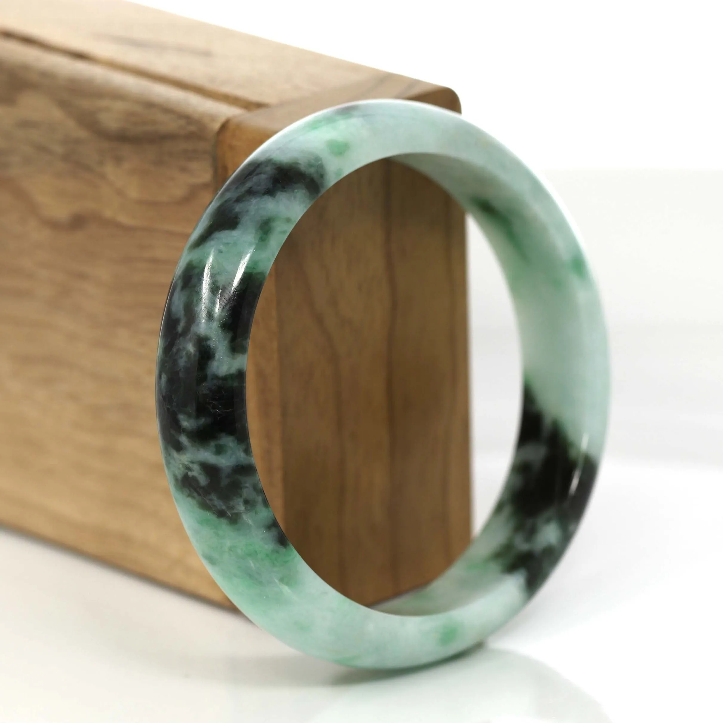 "Princess Half Round" Forest Green Jadeite Jade Bangle Bracelet (57.90 mm) #675