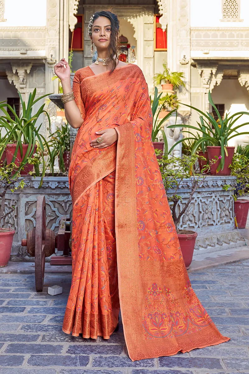 Radiant Orange Pashmina saree With Chatoyant Blouse Piece