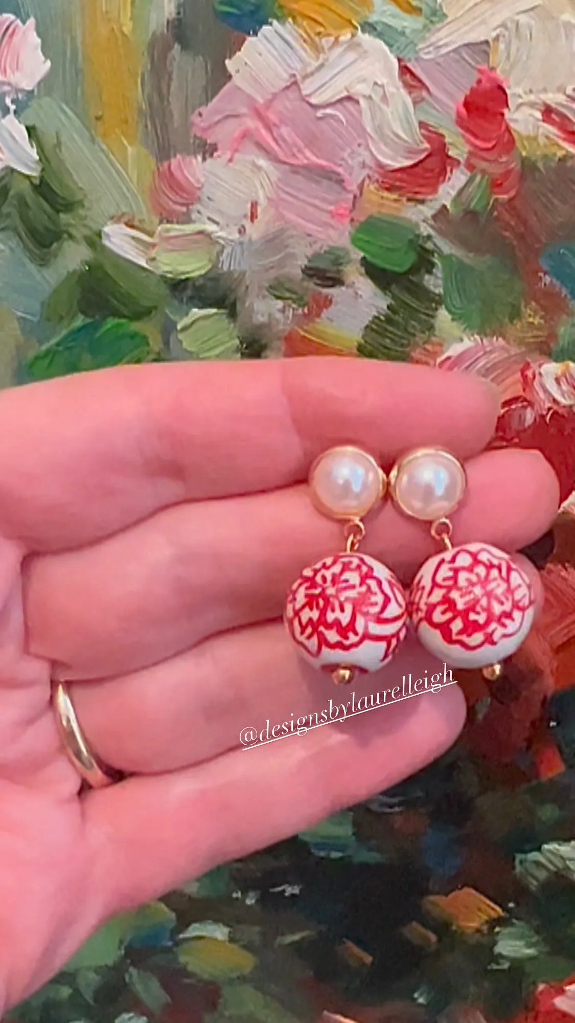 Red Chinoiserie Peony Pearl Earrings