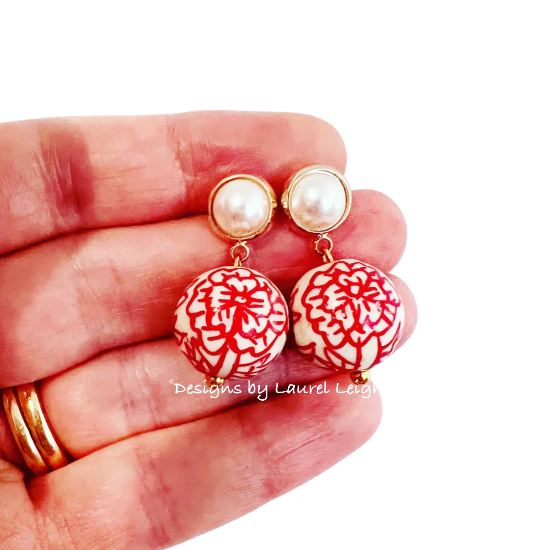 Red Chinoiserie Peony Pearl Earrings