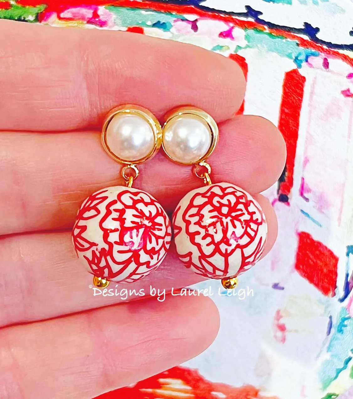 Red Chinoiserie Peony Pearl Earrings