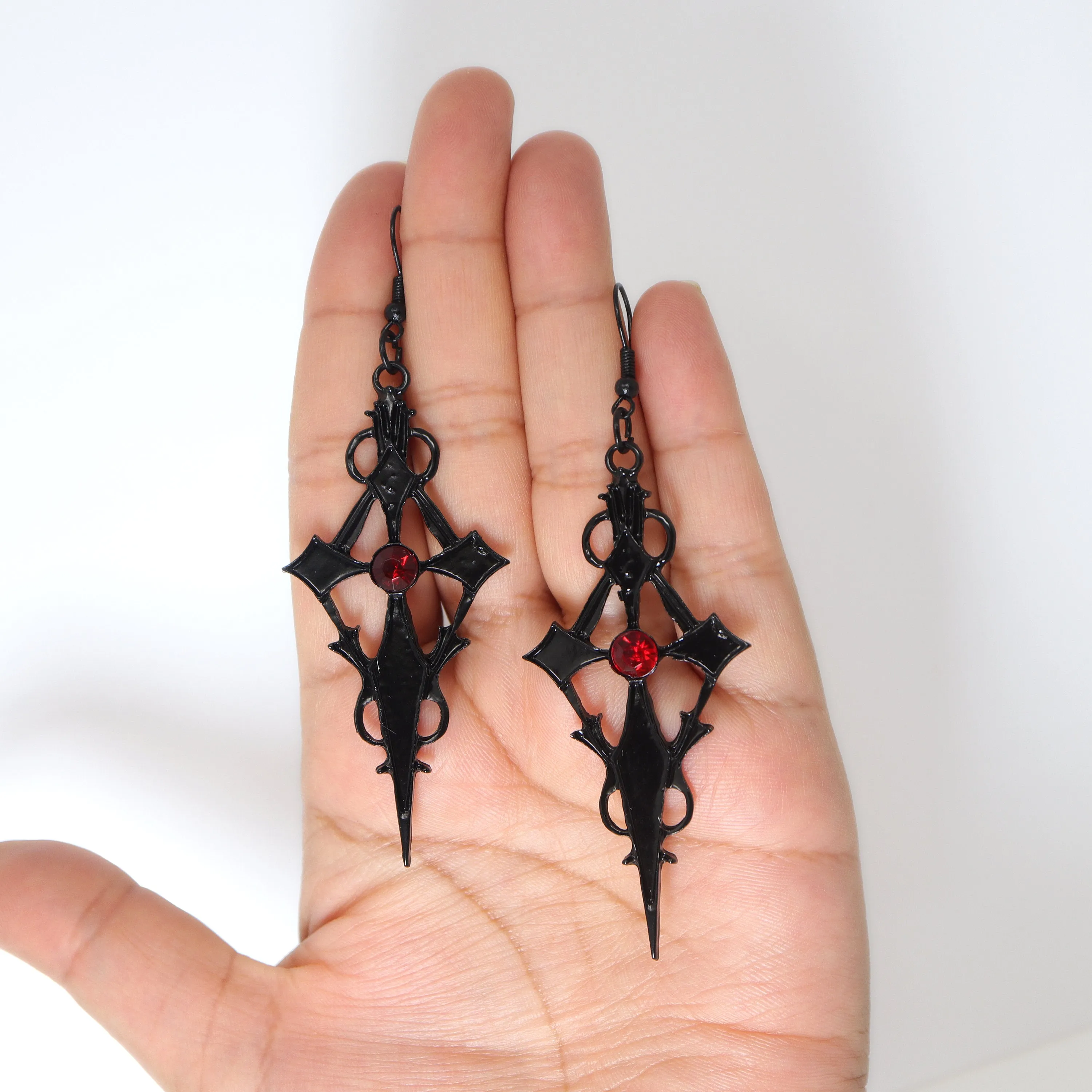 Rhinestone Red Black Cross Halloween Earrings, Long Cross Halloween Earrings, Scary Statement earrings.