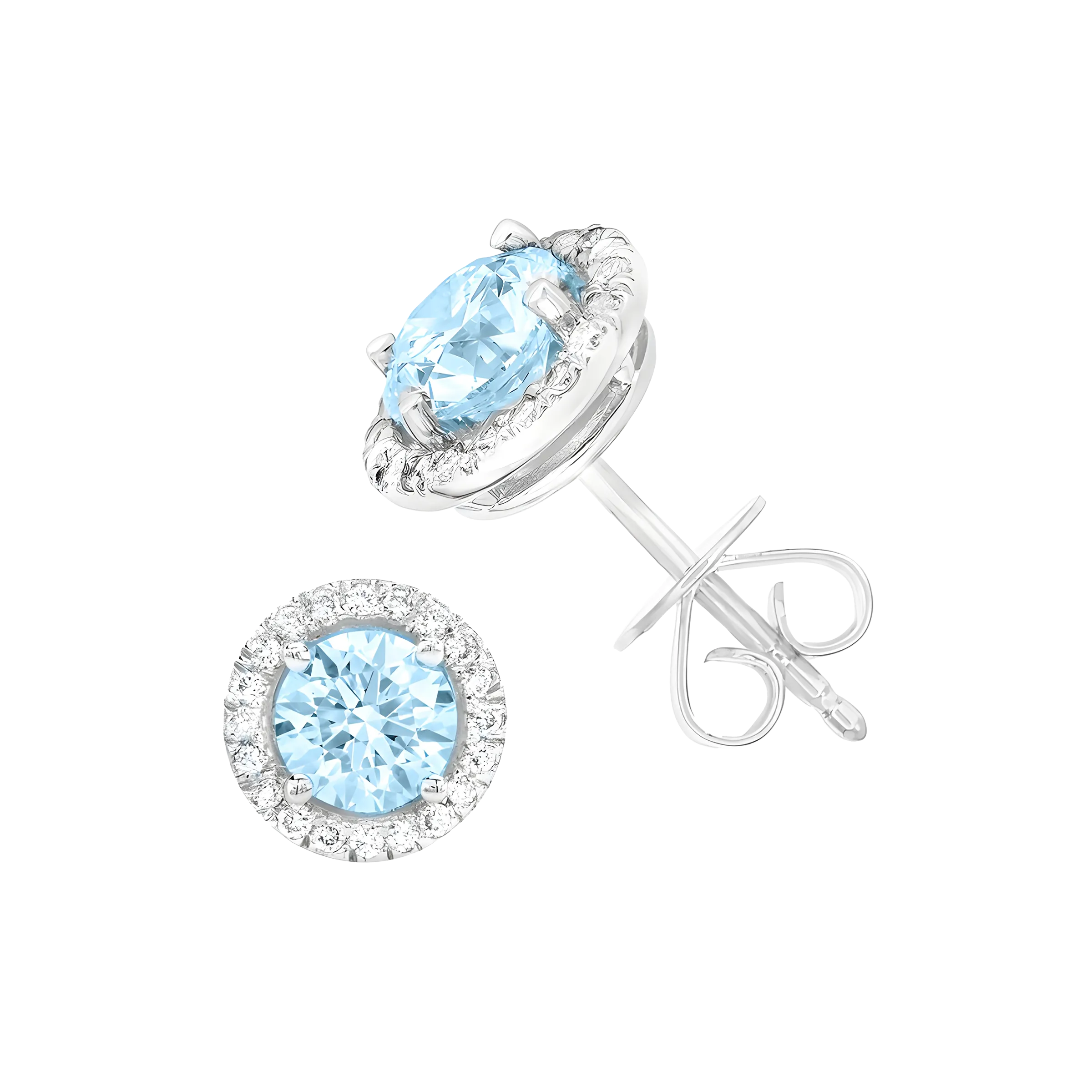 Round Aquamarine And Diamond Halo Stud Earrings in 18k White Gold