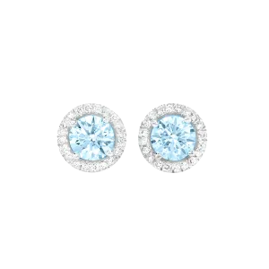 Round Aquamarine And Diamond Halo Stud Earrings in 18k White Gold