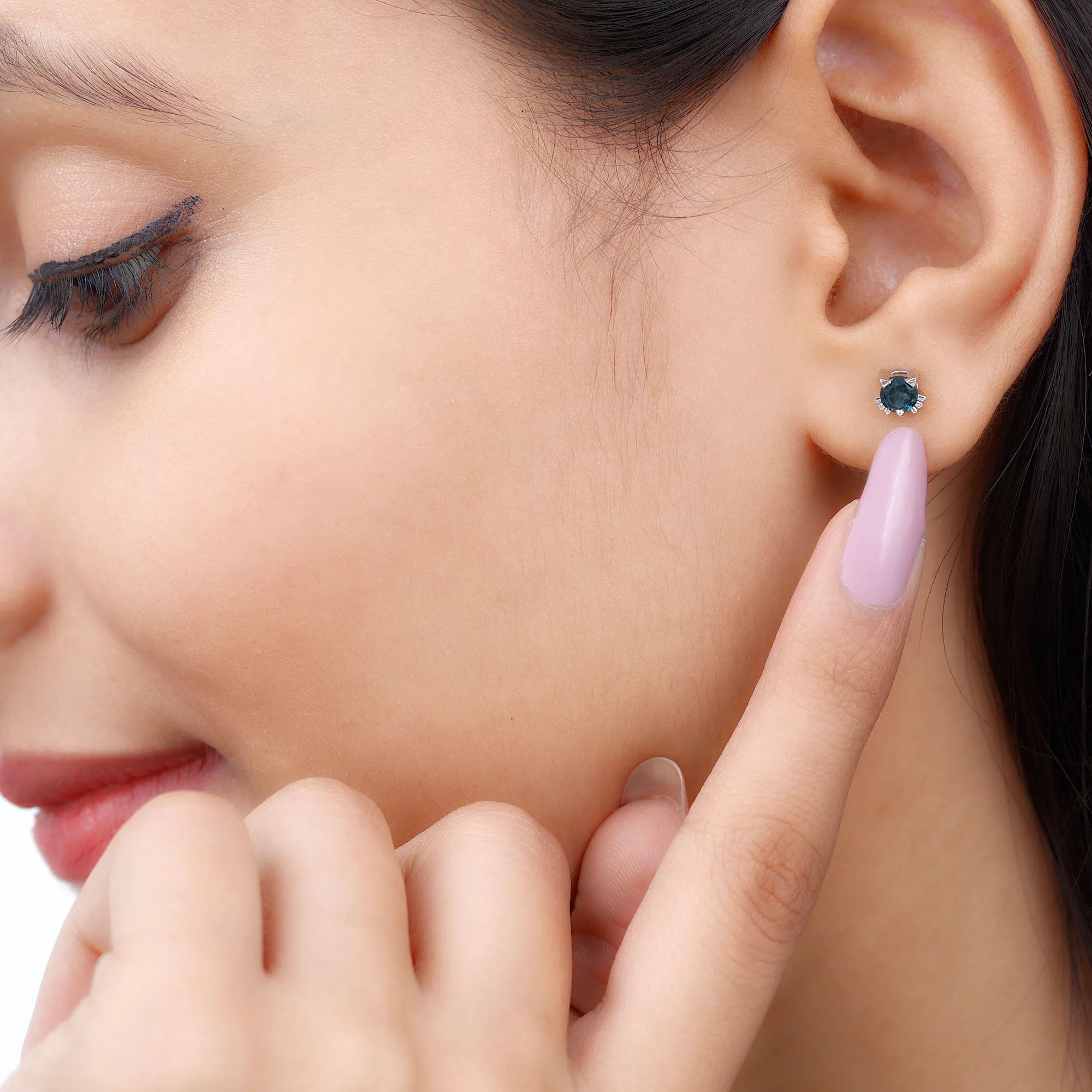 Round Shape Solitaire London Blue Topaz Cat Stud Earrings