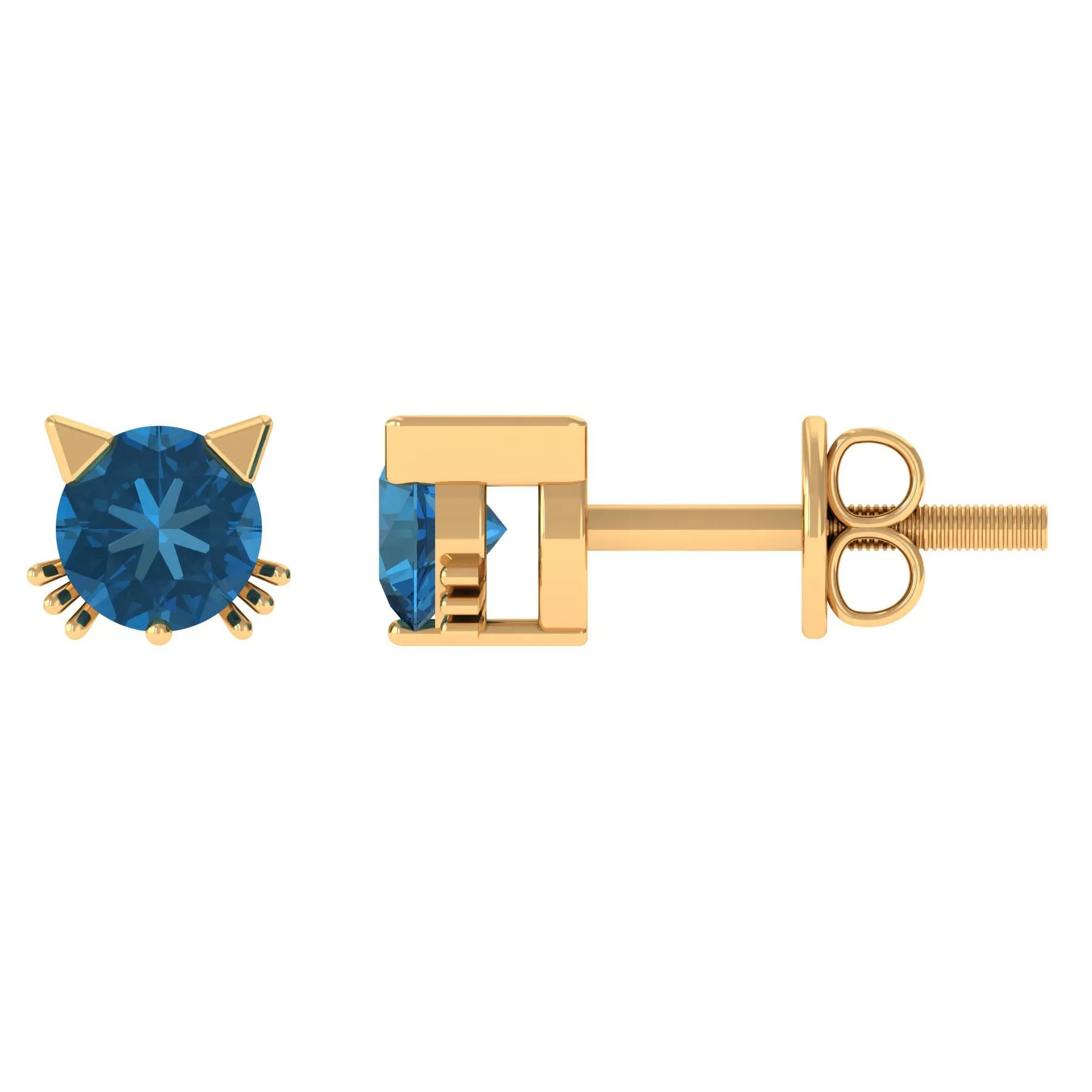 Round Shape Solitaire London Blue Topaz Cat Stud Earrings