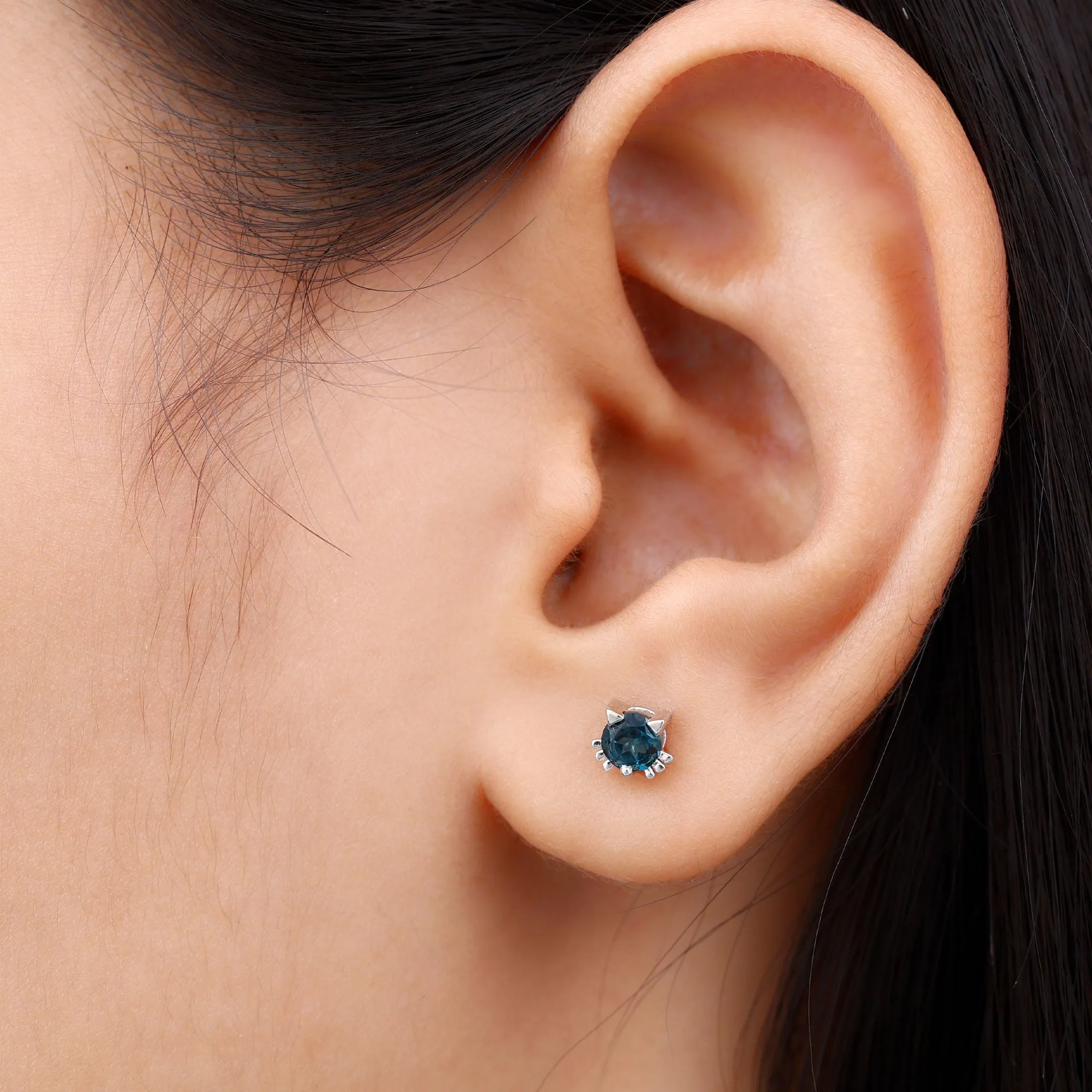 Round Shape Solitaire London Blue Topaz Cat Stud Earrings