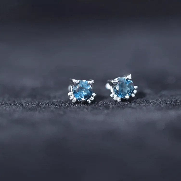 Round Shape Solitaire London Blue Topaz Cat Stud Earrings