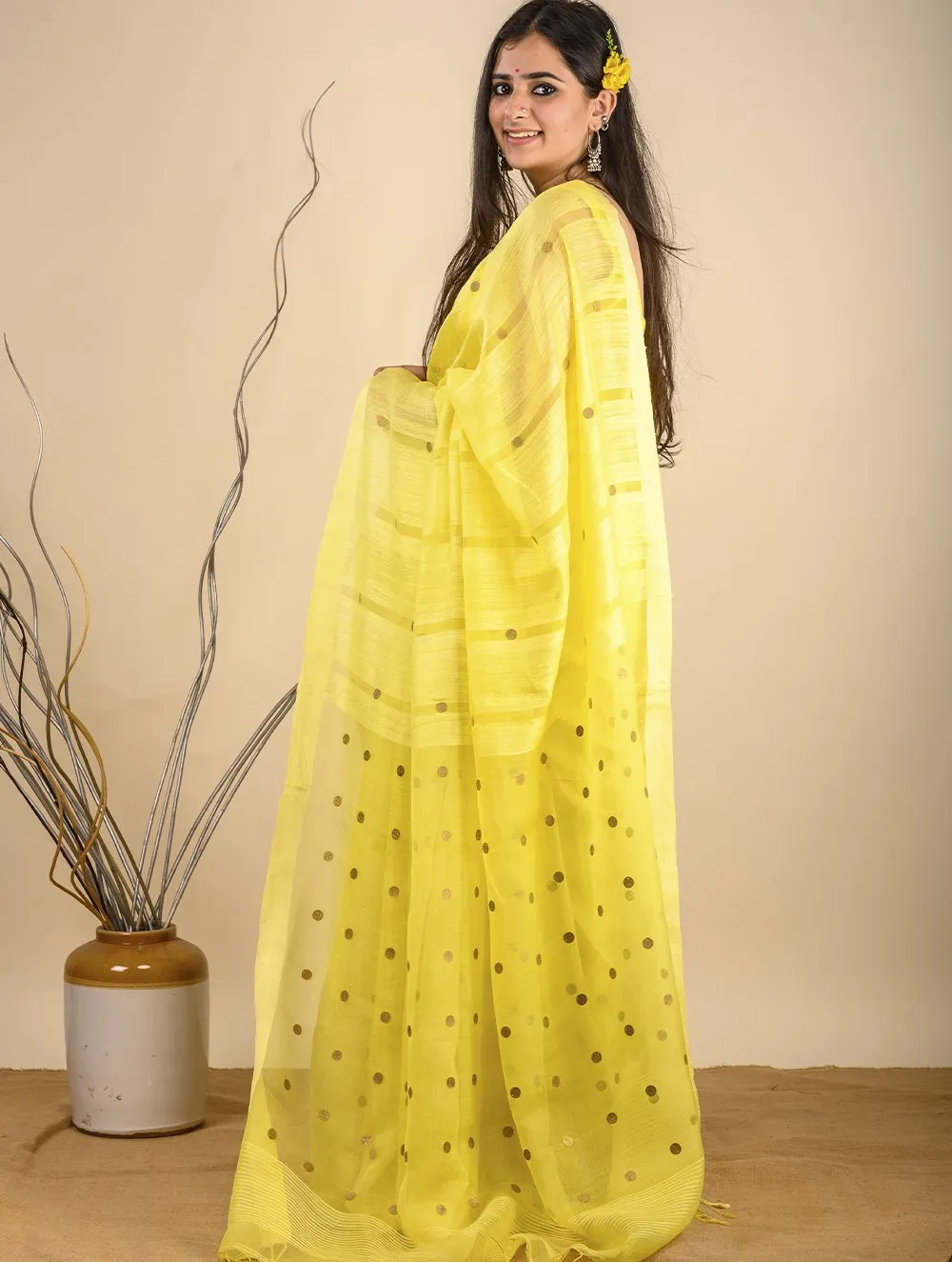 Soft & Graceful. Pure Handwoven Khadi Cotton Silk Saree (With Blouse Piece) - Lemon Yellow with Large Gold Sequins