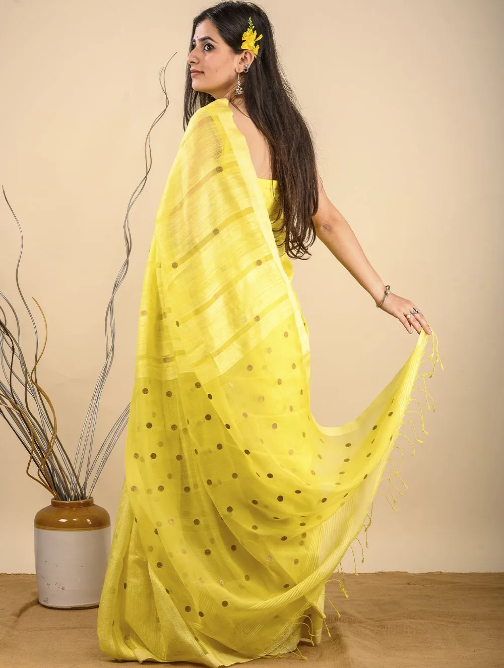 Soft & Graceful. Pure Handwoven Khadi Cotton Silk Saree (With Blouse Piece) - Lemon Yellow with Large Gold Sequins