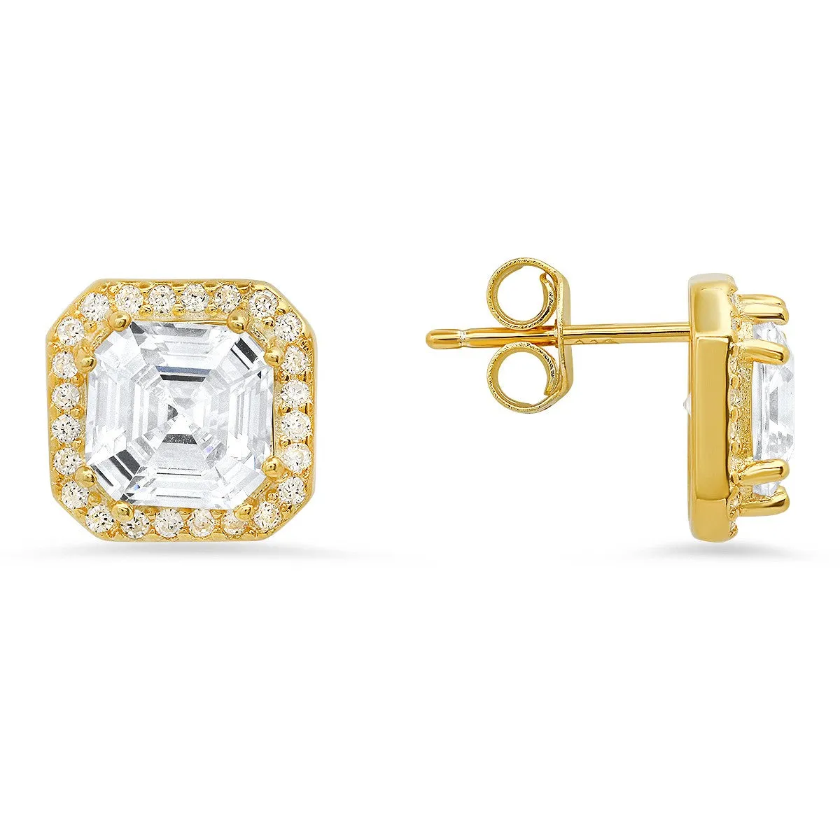 Sterling Silver Asscher-cut Halo Stud Earrings