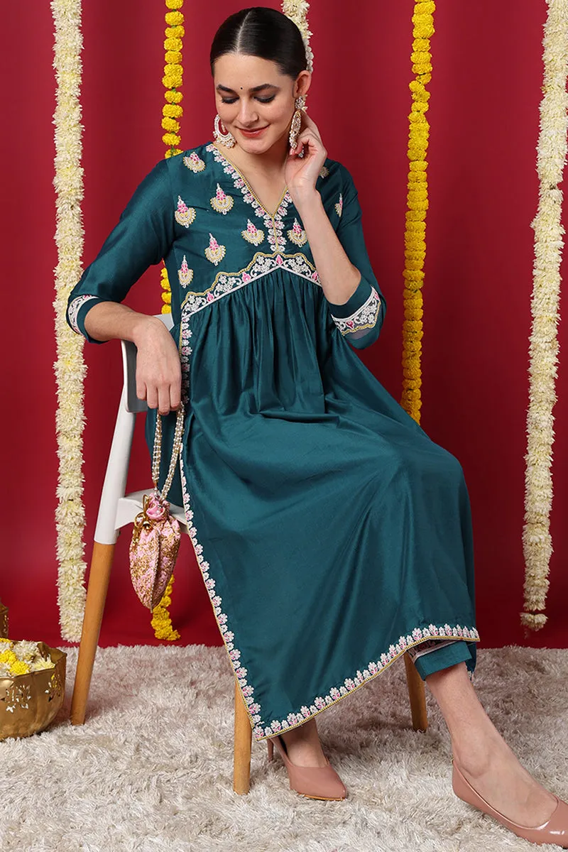 Teal Silk Blend Solid Embroidered Flared Kurta Set