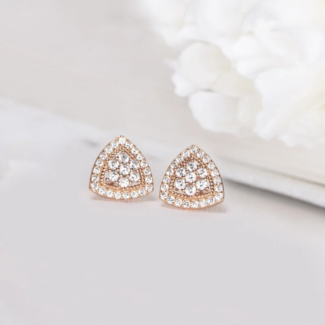 Triangle Floral CZ Rose Gold-Plated 925 Sterling Silver Earrings