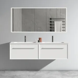 U052-Nevia60W-206 Nevia Bathroom Vanity With Automatic LED Drawer Light, Wall Mounted Bathroom Vanity With Integrated Solid Surface Sink, Without Drain - Snow White