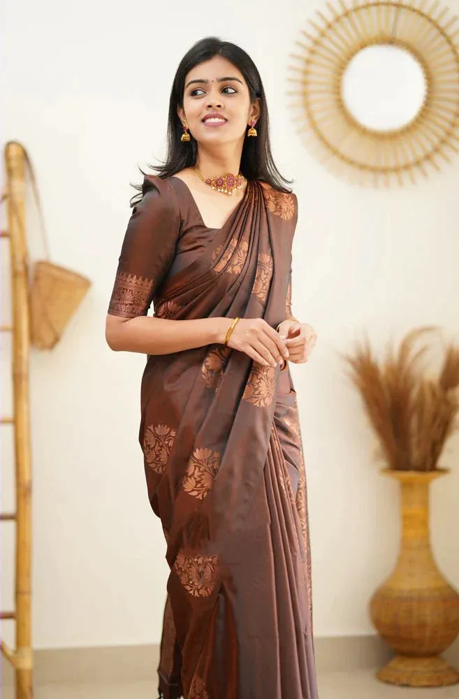 Vestigial Brown Soft Silk Saree With Confounding Blouse Piece