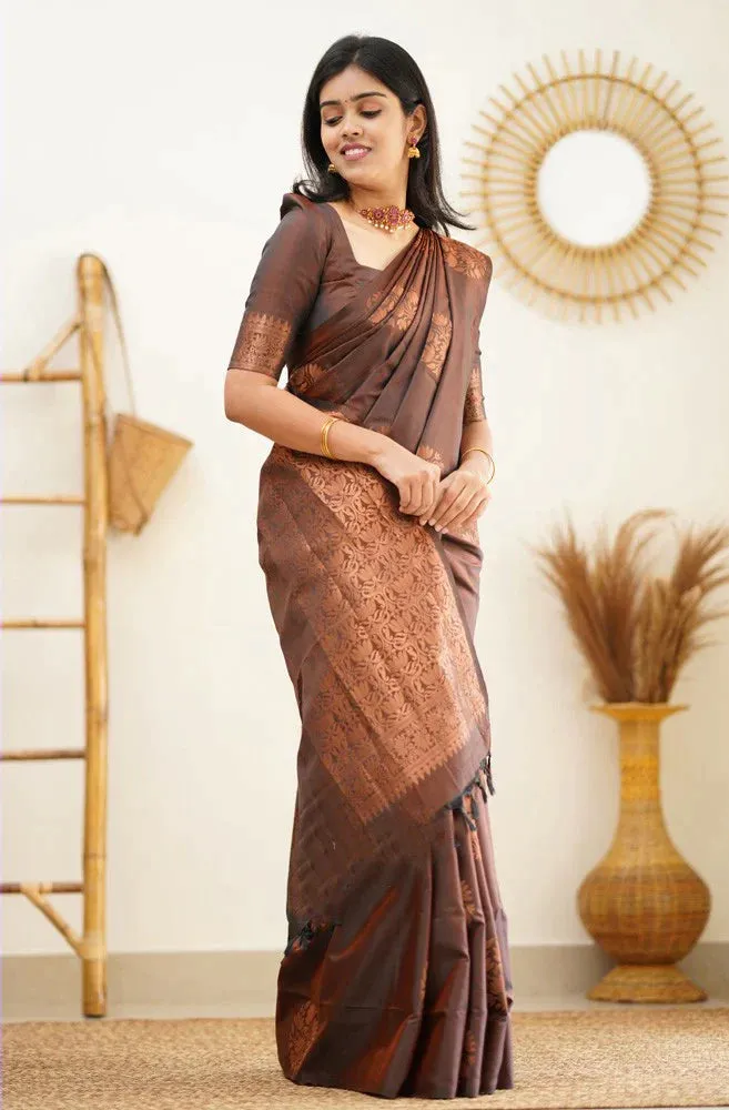 Vestigial Brown Soft Silk Saree With Confounding Blouse Piece