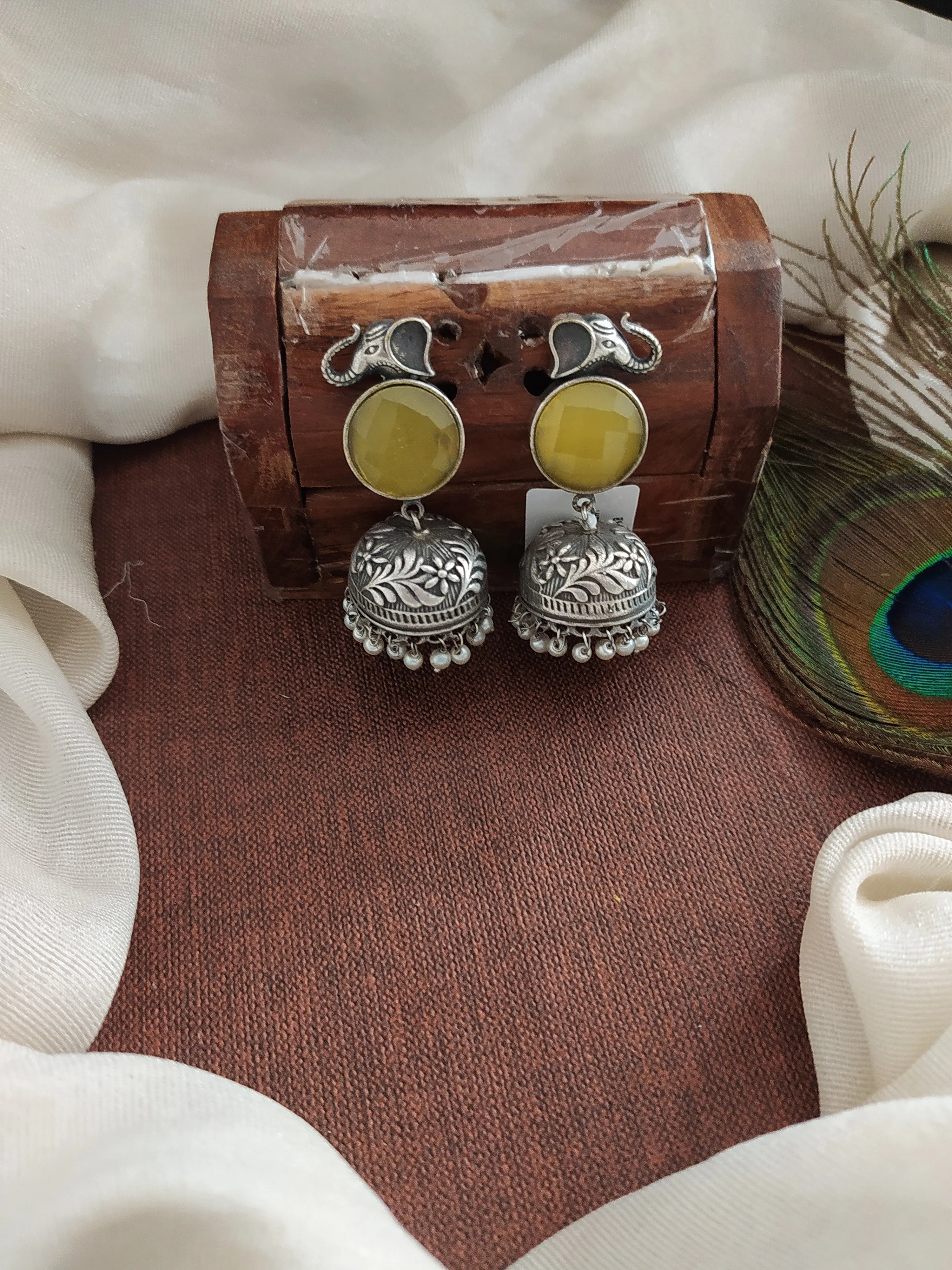 Vibrant Color Stones Oxidized Jhumki With Pearls