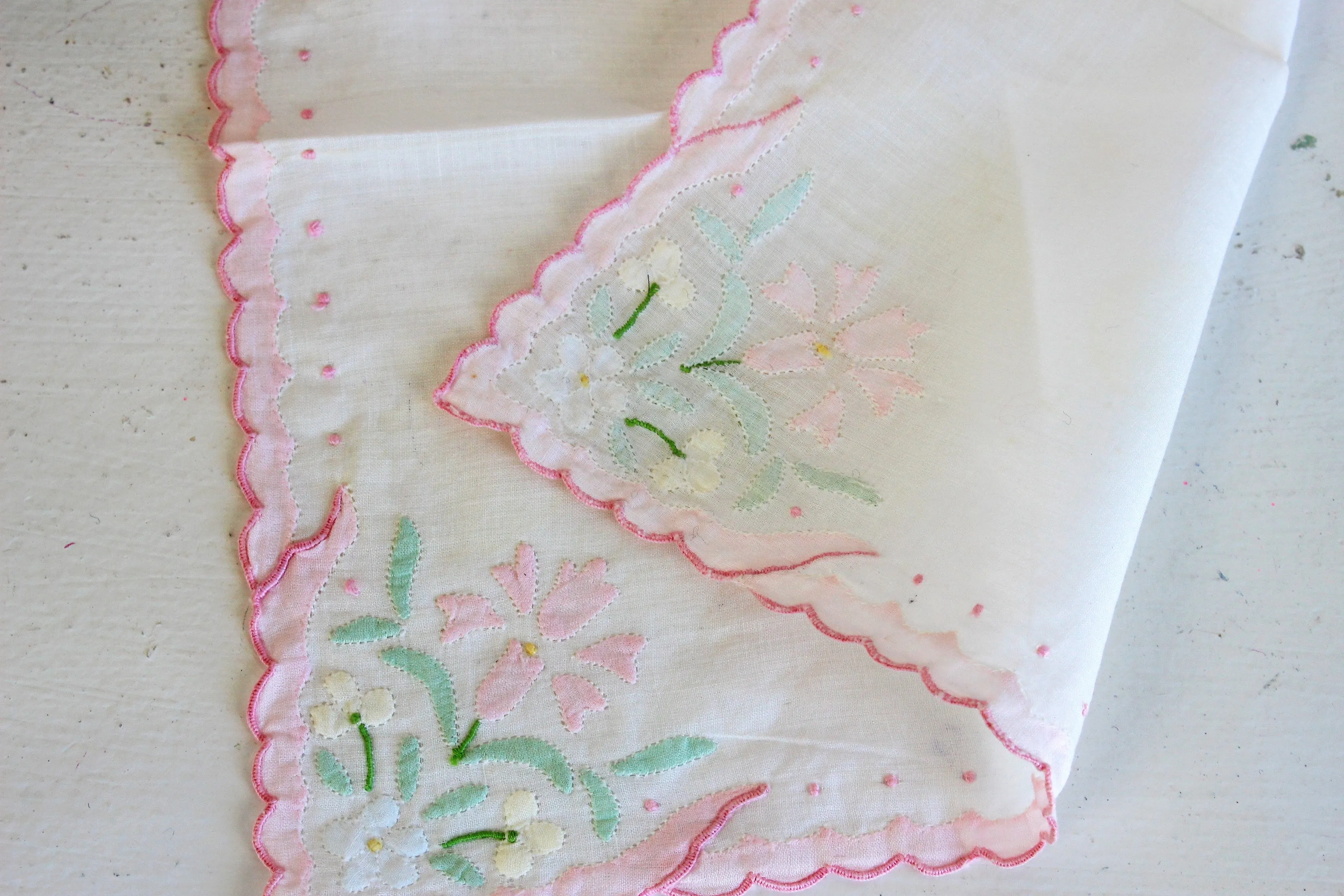 Vintage Handkerchief / White Cotton With Pink and Green Cutwork Flowers