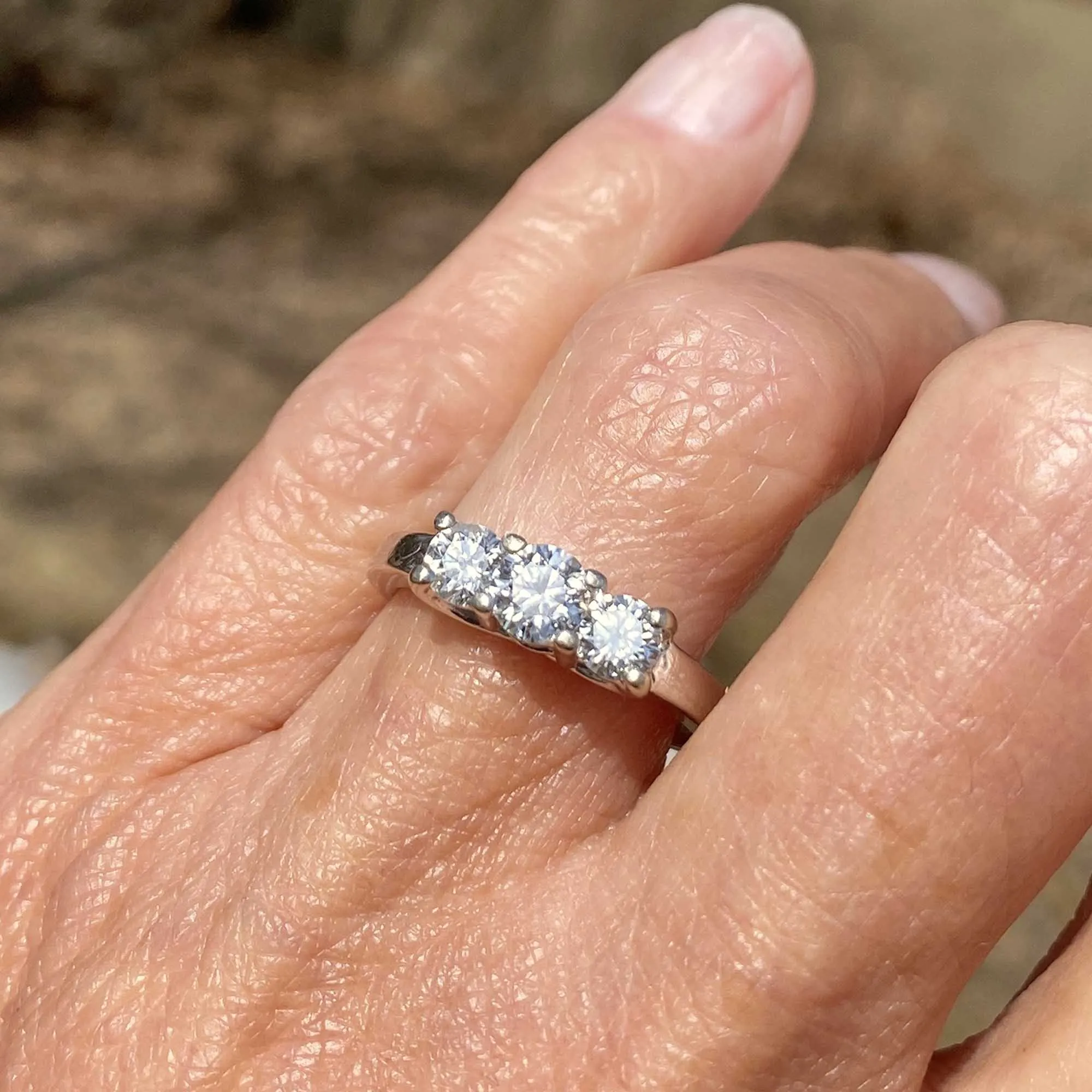 Vintage Three Stone 1 Carat Diamond Ring in White Gold