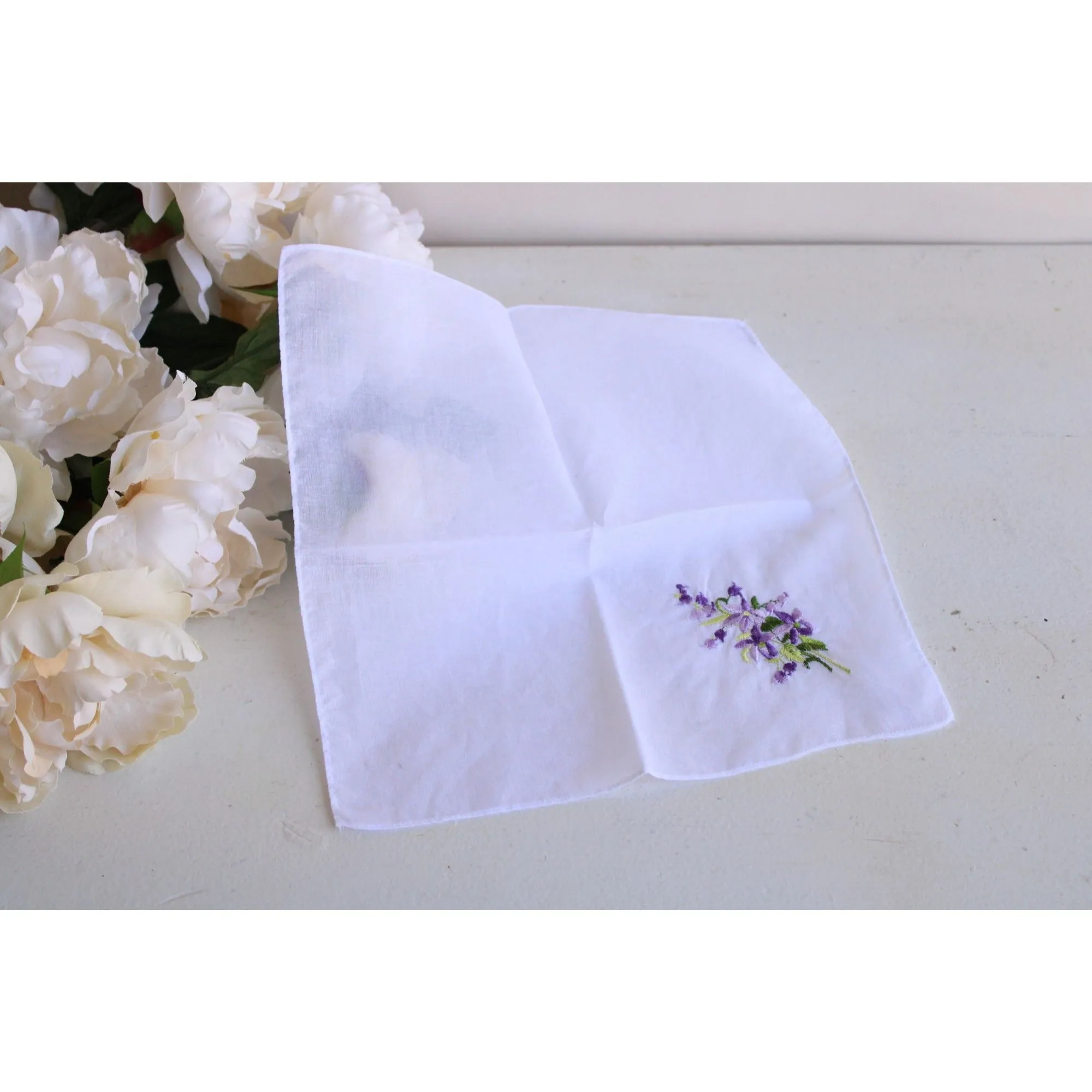 Vintage White Cotton With Purple Embroidered Flowers Hankie