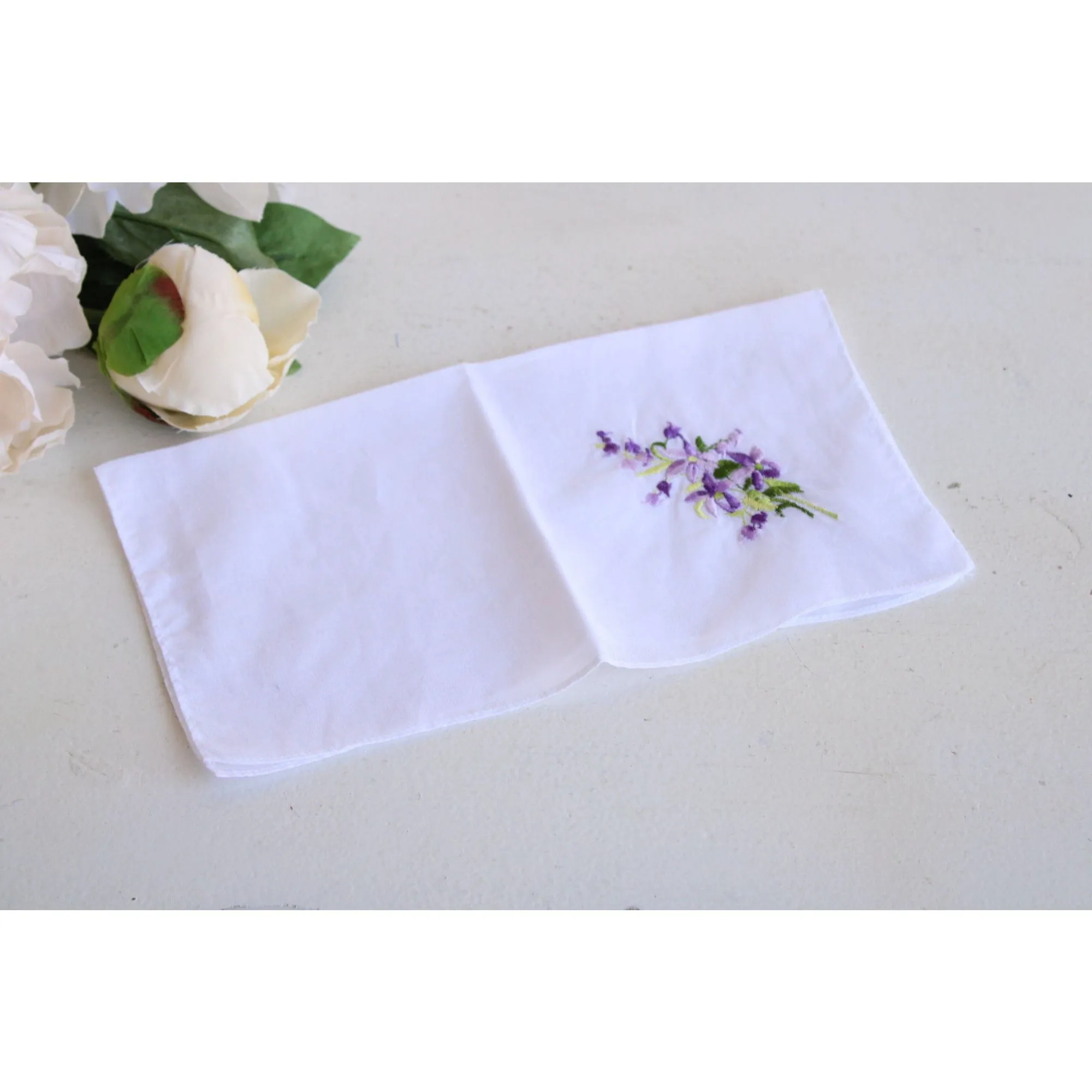 Vintage White Cotton With Purple Embroidered Flowers Hankie