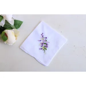 Vintage White Cotton With Purple Embroidered Flowers Hankie