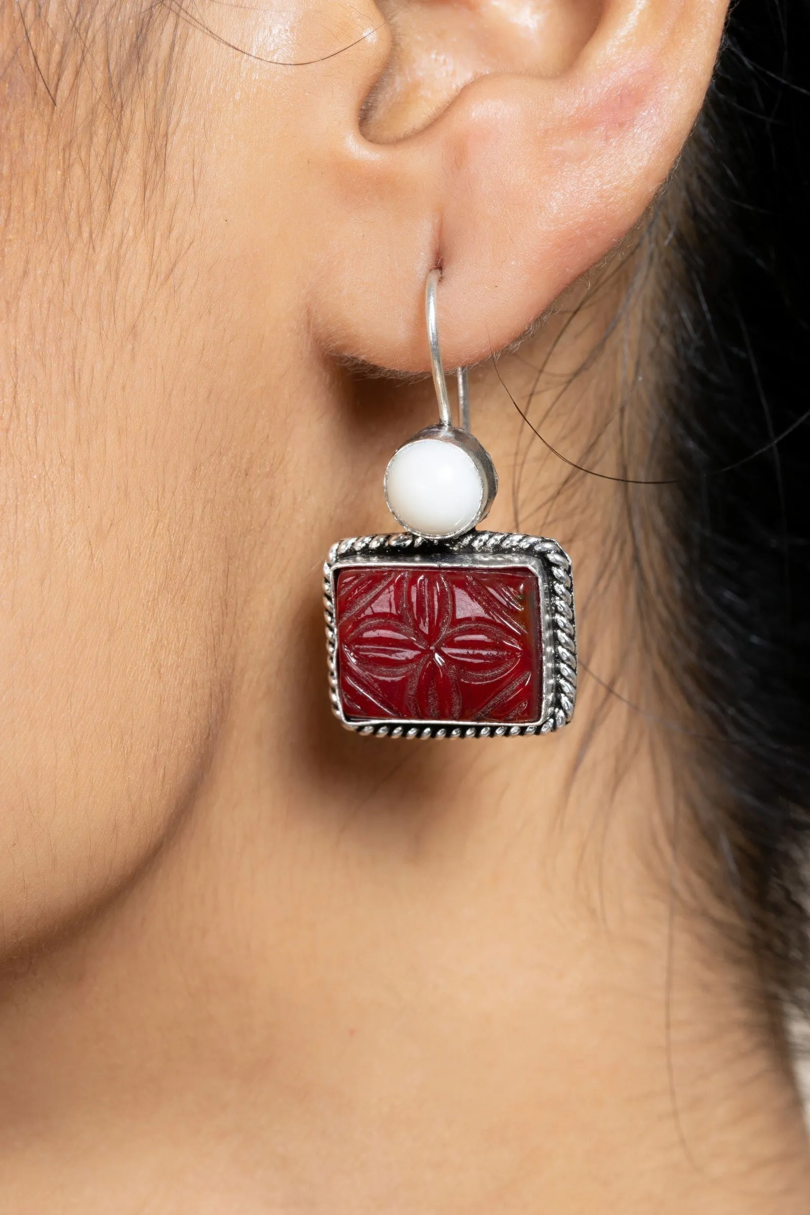 White and Red Carved Stone Oxidised Silver Earrings - Elegant, Non-Allergic Design for Any Occasion