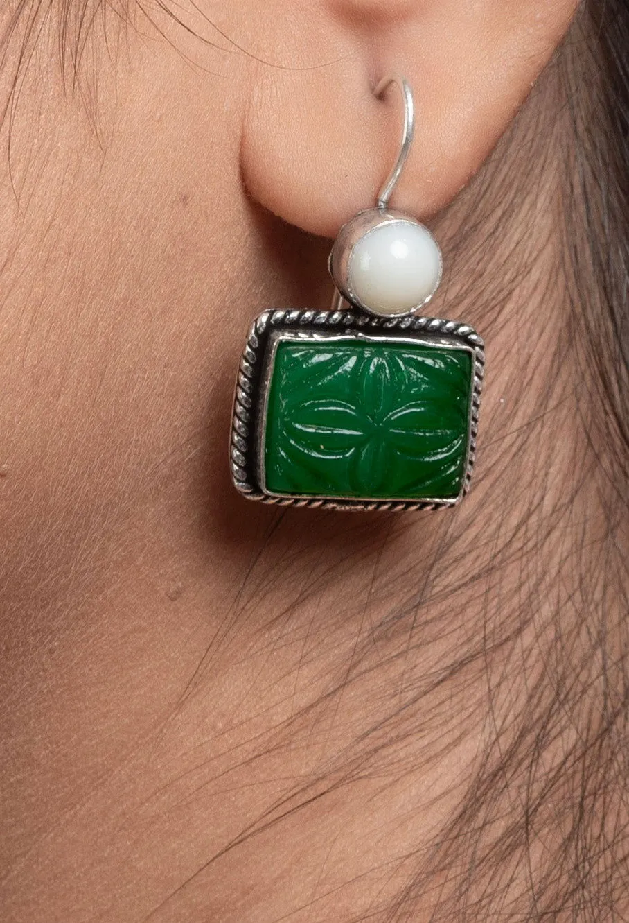 White Green Carved Stone Earrings In Oxidized Silver, Non-Allergic, Perfect For Gifting