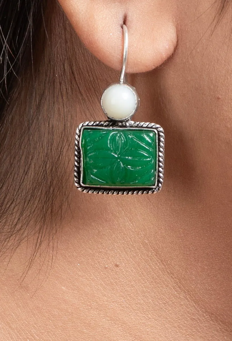 White Green Carved Stone Earrings In Oxidized Silver, Non-Allergic, Perfect For Gifting