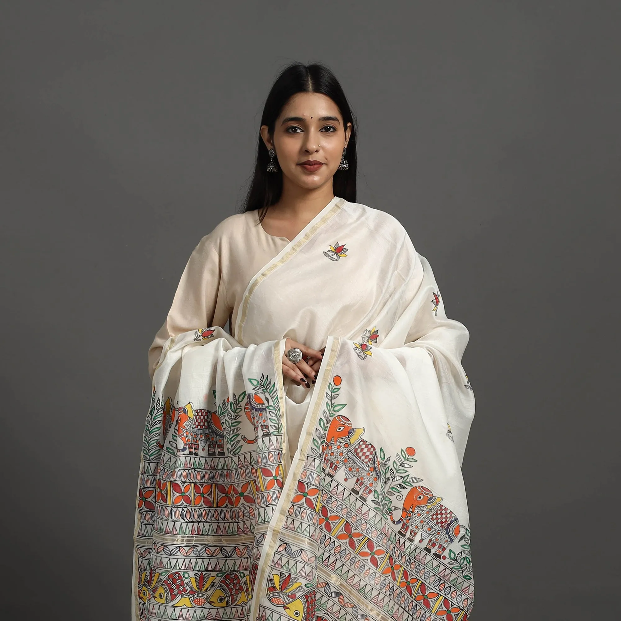 White - Handloom Chanderi Silk Handpainted Madhubani Dupatta 12