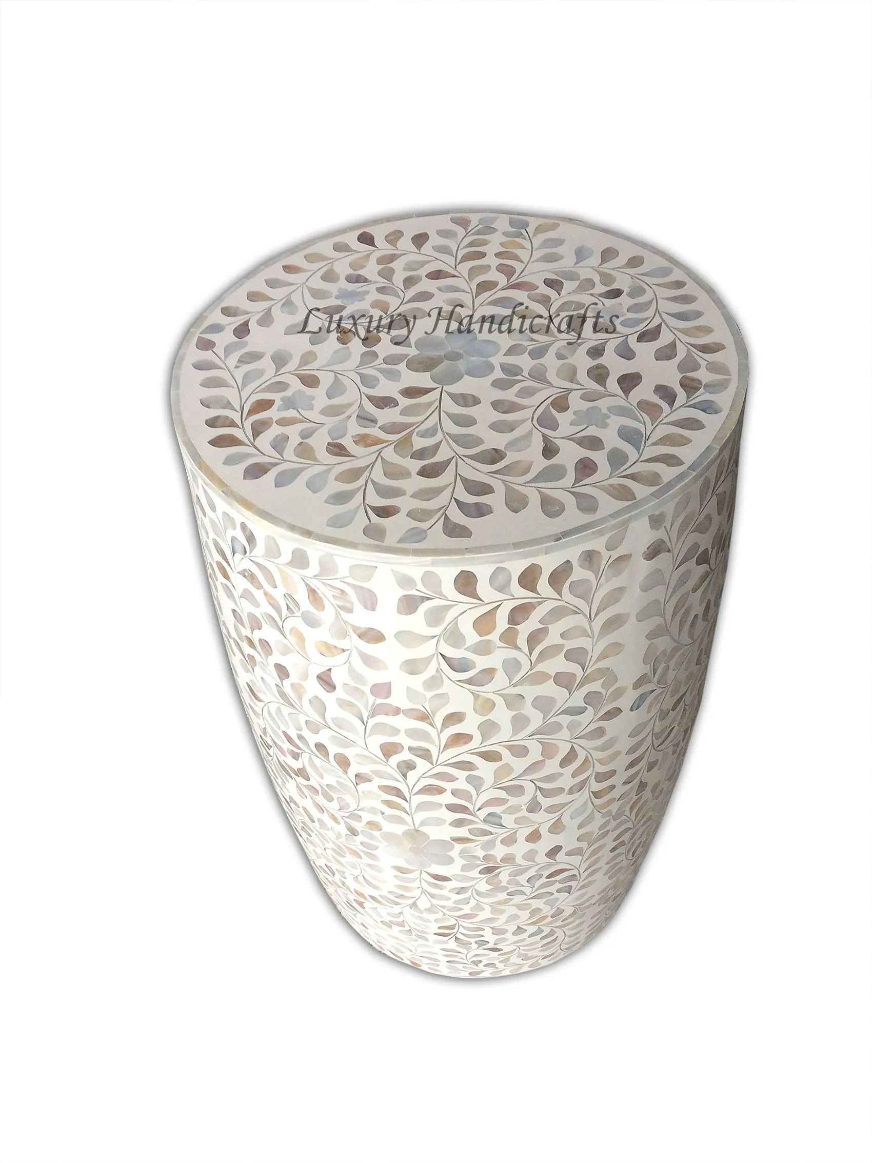 White Mother Of Pearl Drum Floral Side Table