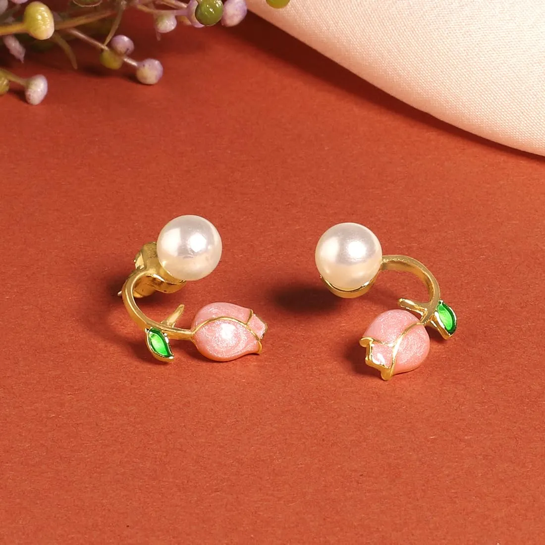 Yellow Chimes Earrings for Women and Girls Fashion Pink Pearl Stud Earrings for Women I Floral Shaped Faux Pearl Studs Ear Cuffs Earrings I Birthday Gift For Girls and Women Anniversary Gift for Wife